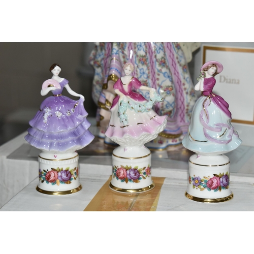 694 - SIX BOXED COALPORT MINIATURE FIGURINES AND A BOXED FRANKLIN MINT 'DIANA' FIGURINE, comprising six Co... 