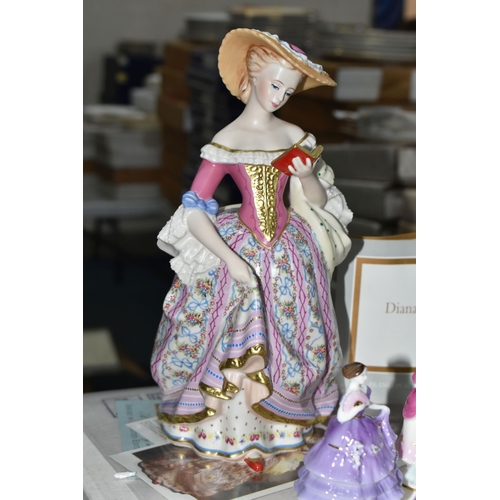 694 - SIX BOXED COALPORT MINIATURE FIGURINES AND A BOXED FRANKLIN MINT 'DIANA' FIGURINE, comprising six Co... 
