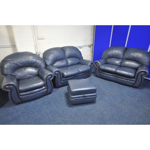 1412 - A BLUE LEATHER FOUR PIECE LOUNGE SUITE, comprising two two seater settee's, armchair and a storage p... 