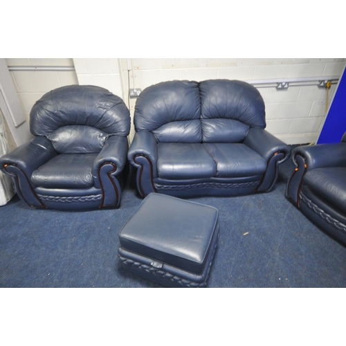 1412 - A BLUE LEATHER FOUR PIECE LOUNGE SUITE, comprising two two seater settee's, armchair and a storage p... 