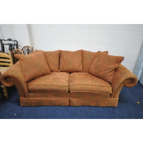 1420 - AN ORANGE PATTERNED TWO SEATER SETTEE, length 230cm x depth 120cm x height 83cm (condition report: -... 