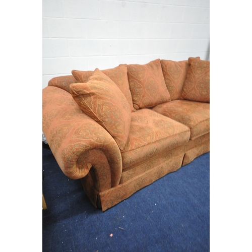 1420 - AN ORANGE PATTERNED TWO SEATER SETTEE, length 230cm x depth 120cm x height 83cm (condition report: -... 