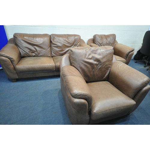 1421 - A BROWN LEATHER THREE PIECE LOUNGE SUITE, comprising a two seater settee, length 160cm x depth 100cm... 