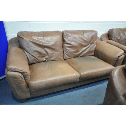 1421 - A BROWN LEATHER THREE PIECE LOUNGE SUITE, comprising a two seater settee, length 160cm x depth 100cm... 