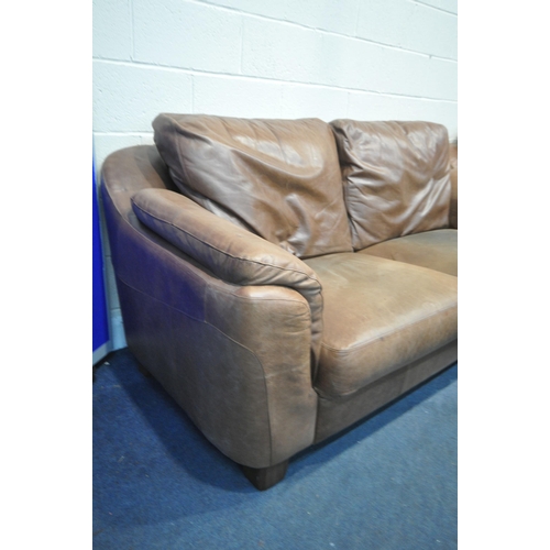 1421 - A BROWN LEATHER THREE PIECE LOUNGE SUITE, comprising a two seater settee, length 160cm x depth 100cm... 