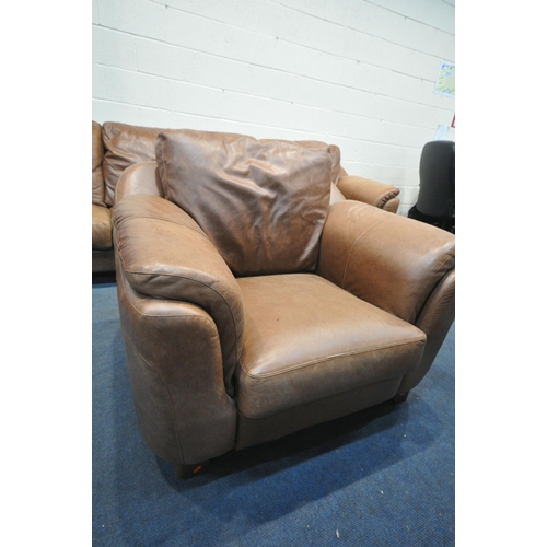 1421 - A BROWN LEATHER THREE PIECE LOUNGE SUITE, comprising a two seater settee, length 160cm x depth 100cm... 