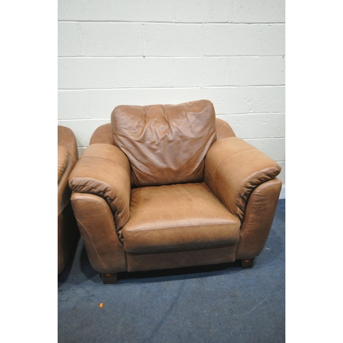 1421 - A BROWN LEATHER THREE PIECE LOUNGE SUITE, comprising a two seater settee, length 160cm x depth 100cm... 