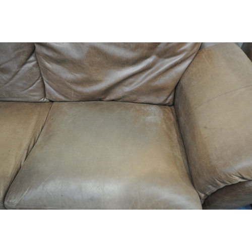 1421 - A BROWN LEATHER THREE PIECE LOUNGE SUITE, comprising a two seater settee, length 160cm x depth 100cm... 