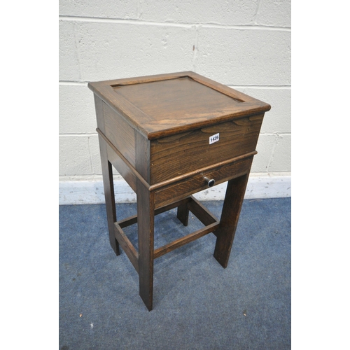 1427 - AN OAK SEWING BOX, with a single drawer, width 38cm square x height 70cm (condition report: -surface... 