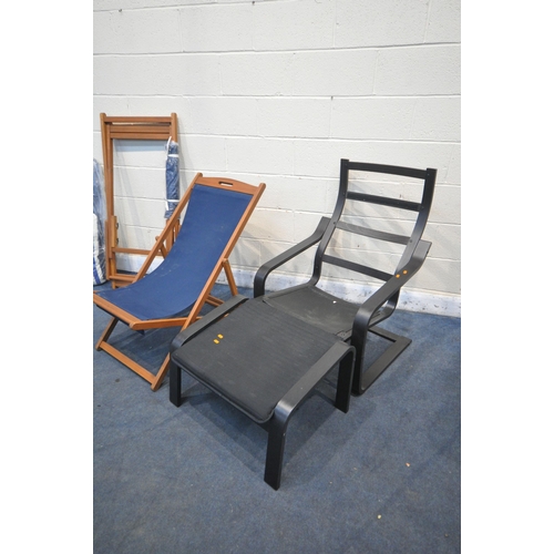 1429 - A PAIR OF MODERN TEAK FOLDING DECK CHAIRS, one brand new, along with a brand new metal stripped deck... 