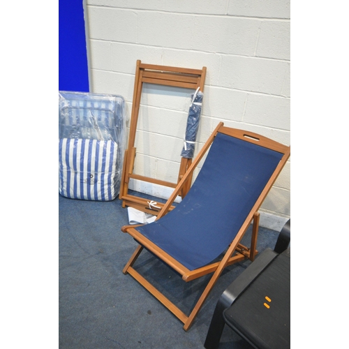 1429 - A PAIR OF MODERN TEAK FOLDING DECK CHAIRS, one brand new, along with a brand new metal stripped deck... 