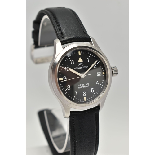 1 - A BOXED STAINLESS STEEL IWC SCHEFFHAUSEN MARK XII AUTOMATIC PILOTS WRISTWATCH, black dial with Arabi... 