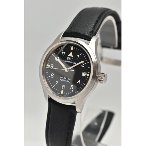 1 - A BOXED STAINLESS STEEL IWC SCHEFFHAUSEN MARK XII AUTOMATIC PILOTS WRISTWATCH, black dial with Arabi... 