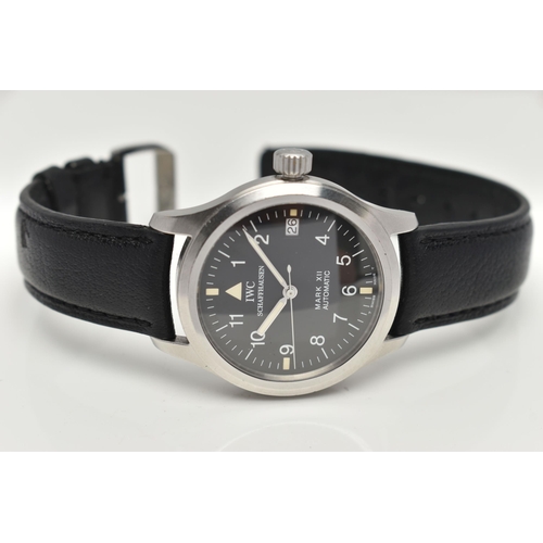 1 - A BOXED STAINLESS STEEL IWC SCHEFFHAUSEN MARK XII AUTOMATIC PILOTS WRISTWATCH, black dial with Arabi... 