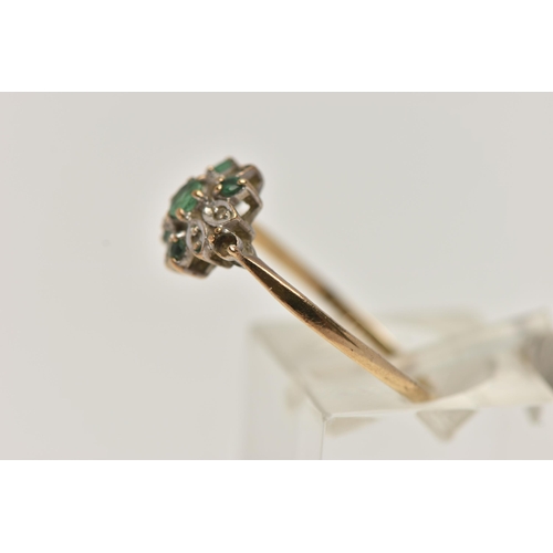 104 - A 9CT GOLD GEM SET CLUSTER RING, circular cut emeralds a and single cut diamonds designed as a flora... 