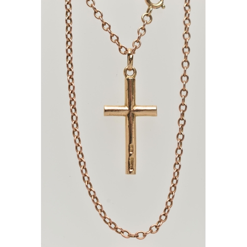 108 - A 9CT GOLD CROSS NECKLACE, a plain polished cross pendant, hallmarked 9ct London, suspended from a f... 