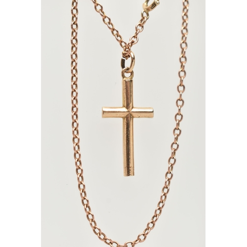 108 - A 9CT GOLD CROSS NECKLACE, a plain polished cross pendant, hallmarked 9ct London, suspended from a f... 