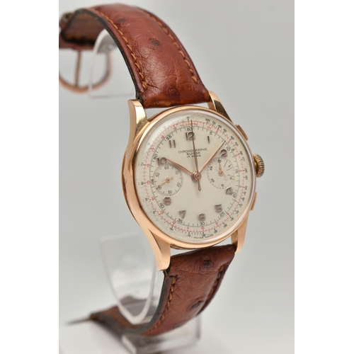 11 - A YELLOW METAL MID 20TH CENTURY TWIN DIAL CHRONOGRAPHE SUISSE MANUAL WIND WRISTWATCH, cream dial wit... 