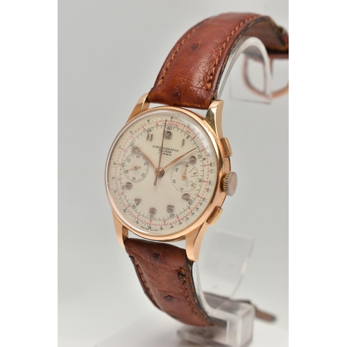 11 - A YELLOW METAL MID 20TH CENTURY TWIN DIAL CHRONOGRAPHE SUISSE MANUAL WIND WRISTWATCH, cream dial wit... 