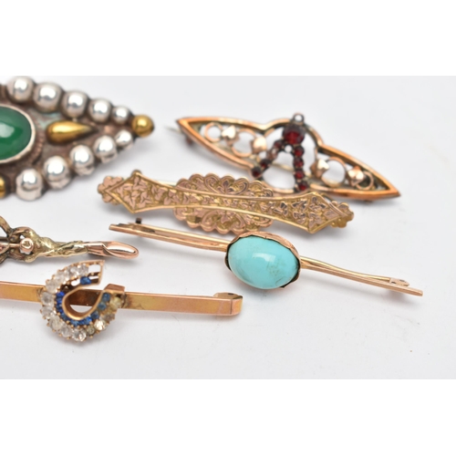 110 - AN ASSORTMENT OF EARLY 20TH CENTURY BROOCHES, the first a 9ct gold bar brooch, centrally positioned ... 