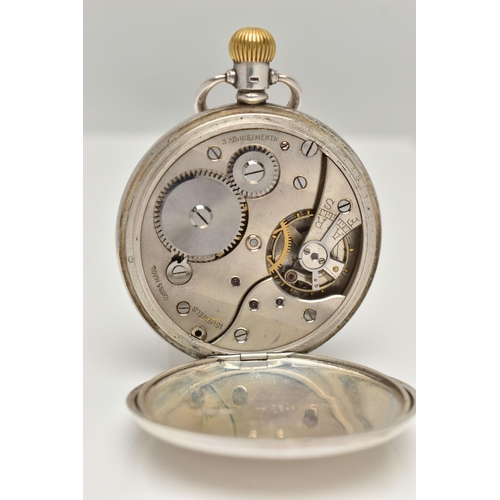 113 - A SILVER OPEN FACE POCKET WATCH, manual wind, round white dial, Roman numerals, blue steel hands, su... 