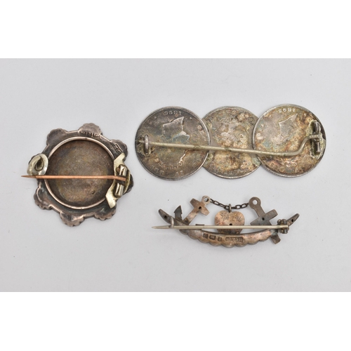 116 - THREE BROOCHES, to include a faith, hope and charity detailed sweetheart brooch, hallmarked 'H.C & C... 