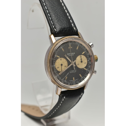 12 - A CHROME PLATED HAND WOUND ORIOSA TWIN DIAL CHRONOGRAPH WRISTWATCH, black dial with discoloured subs... 