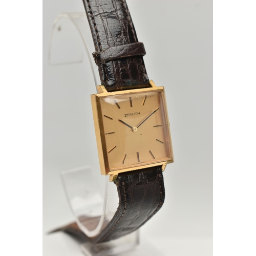 14 - A GOLD PLATED HAND WOUND ZENITH WRISTWATCH, champagne dial with baton markers, square shaped case wi... 