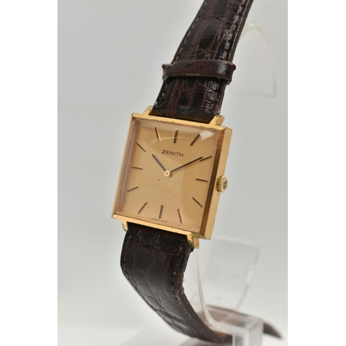 14 - A GOLD PLATED HAND WOUND ZENITH WRISTWATCH, champagne dial with baton markers, square shaped case wi... 