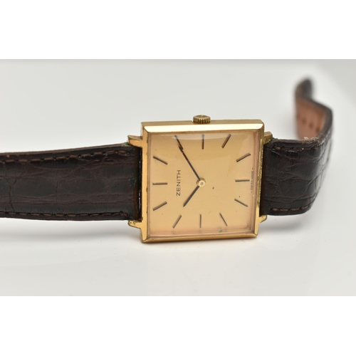 14 - A GOLD PLATED HAND WOUND ZENITH WRISTWATCH, champagne dial with baton markers, square shaped case wi... 