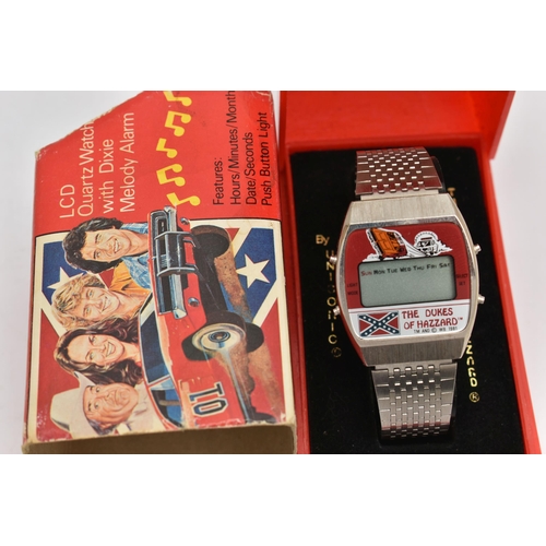 17 - A BOXED NOVELTY VINTAGE QUARTZ 'THE DUKES OF HAZZARD' UNISONIC ELECTRONIC WRISTWATCH, featuring a sp... 