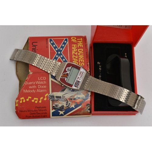 17 - A BOXED NOVELTY VINTAGE QUARTZ 'THE DUKES OF HAZZARD' UNISONIC ELECTRONIC WRISTWATCH, featuring a sp... 