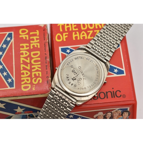 17 - A BOXED NOVELTY VINTAGE QUARTZ 'THE DUKES OF HAZZARD' UNISONIC ELECTRONIC WRISTWATCH, featuring a sp... 