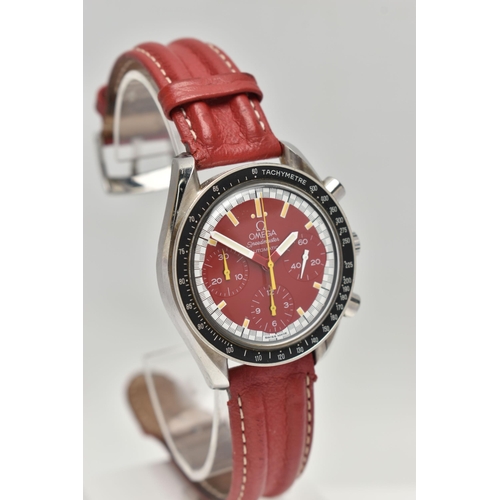 2 - AN OMEGA SPEEDMASTER REDUCED RACING RED MICHAEL SCHUMACHER EDITION WRISTWATCH, red dial with three s... 