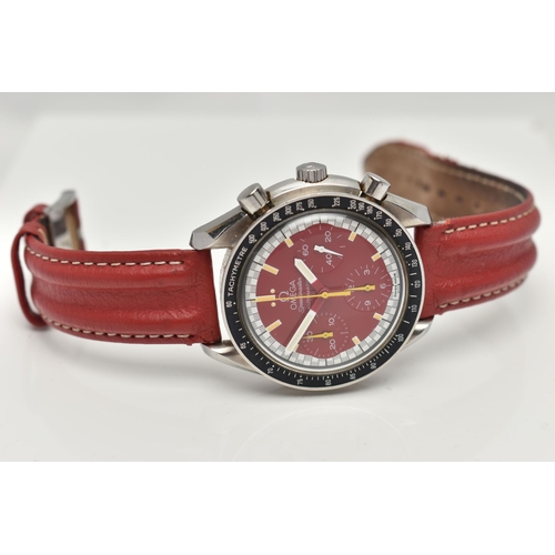 2 - AN OMEGA SPEEDMASTER REDUCED RACING RED MICHAEL SCHUMACHER EDITION WRISTWATCH, red dial with three s... 