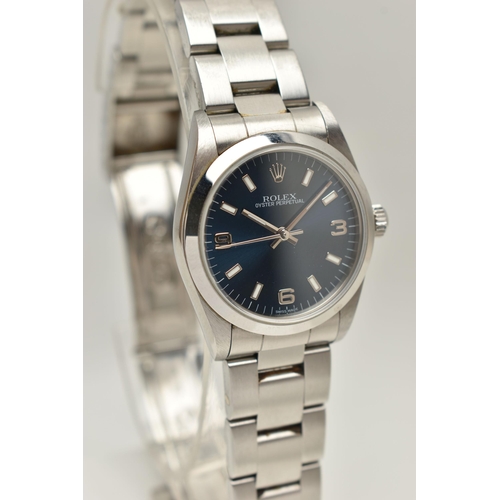 24 - A BOXED STAINLESS STEEL ROLEX OYSTER PERPETUAL AUTOMATIC WRISTWATCH, blue dial with baton luminescen... 