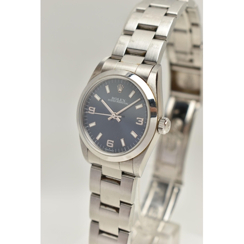 24 - A BOXED STAINLESS STEEL ROLEX OYSTER PERPETUAL AUTOMATIC WRISTWATCH, blue dial with baton luminescen... 