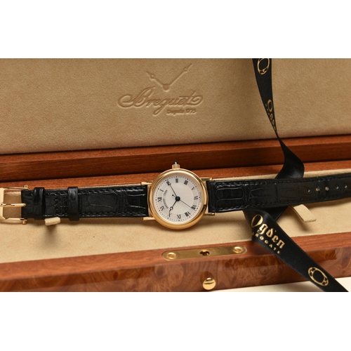 27 - A BOXED YELLOW METAL AUTOMATIC BREGUET CLASSIQUE WRISTWATCH, mother of pearl Guilloche dial numbered... 