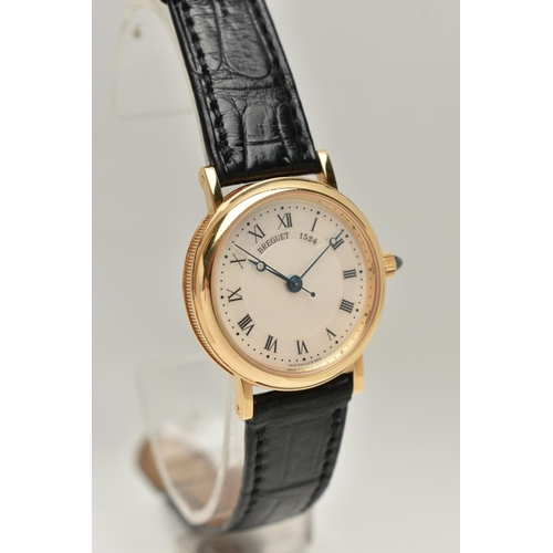 27 - A BOXED YELLOW METAL AUTOMATIC BREGUET CLASSIQUE WRISTWATCH, mother of pearl Guilloche dial numbered... 