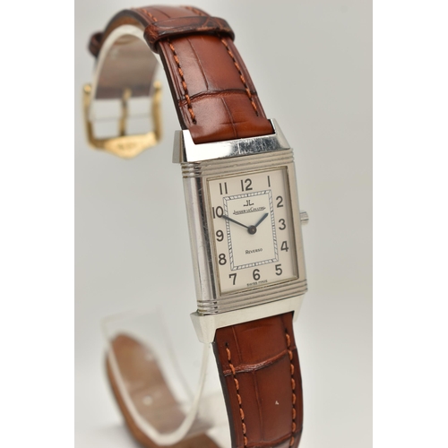 29 - A BOXED JAEGER LE-COULTRE REVERSO CLASSIQUE HAND WOUND WRISTWATCH, silvered dial with Arabic numeral... 