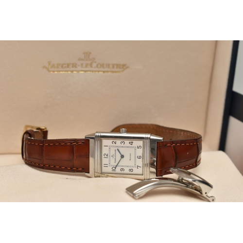 29 - A BOXED JAEGER LE-COULTRE REVERSO CLASSIQUE HAND WOUND WRISTWATCH, silvered dial with Arabic numeral... 