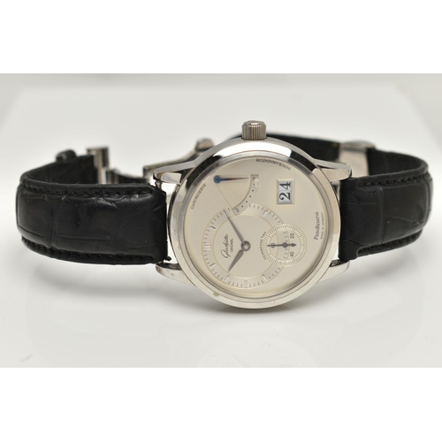 30 - A BOXED STAINLESS STEEL GLASHUTTE ORIGINAL PANORESERVE HAND WOUND WRISTWATCH, silvered dial individu... 