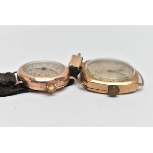 32 - TWO EARLY TO MID 20TH CENTURY GOLD WRISTWATCHES, the first a manual wind 'Waltham', round silver dia... 