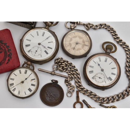 33 - FOUR POCKET WATCHES, AN ALBERT CHAIN AND A FOB MEDAL, to include a small silver open face pocket wat... 