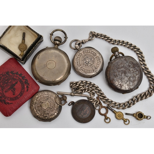 33 - FOUR POCKET WATCHES, AN ALBERT CHAIN AND A FOB MEDAL, to include a small silver open face pocket wat... 