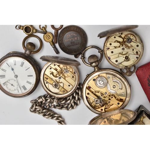 33 - FOUR POCKET WATCHES, AN ALBERT CHAIN AND A FOB MEDAL, to include a small silver open face pocket wat... 