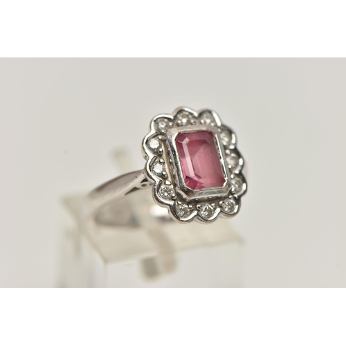 36 - AN 18CT WHITE GOLD, PINK TOURMALINE AND DIAMOND CLUSTER RING, designed with a rectangular cut pink t... 