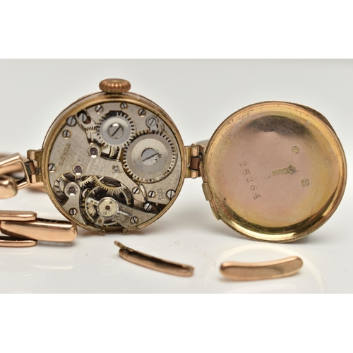 44 - AN EARLY 20TH CENTURY LADYS 9CT GOLD WRISTWATCH, AF manual wind watch, round bi-colour dial, Arabic ... 