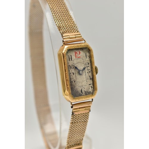 45 - AN EARLY 20TH CENTURY LADYS GOLD WRISTWATCH, manual wind requires attention, rectangular discoloured... 