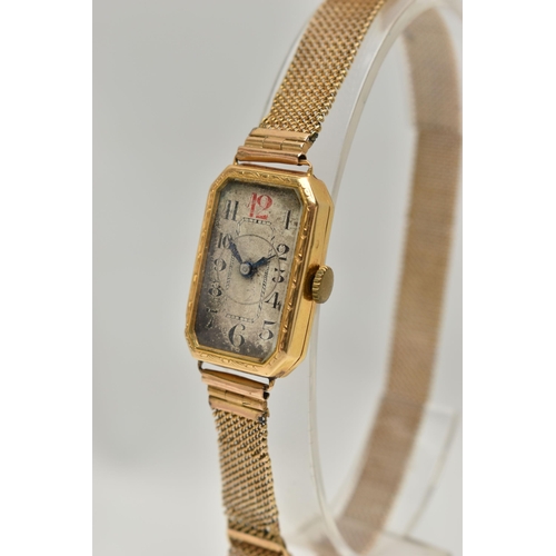 45 - AN EARLY 20TH CENTURY LADYS GOLD WRISTWATCH, manual wind requires attention, rectangular discoloured... 